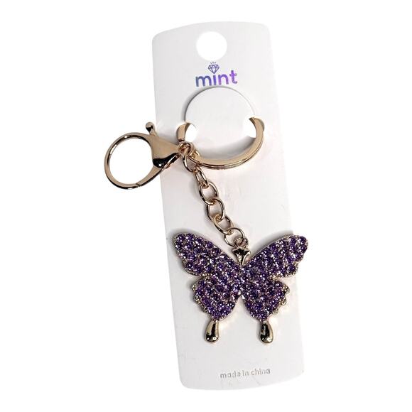 Mint Rhinestone Butterfly Bag Charm Purple Crystal Key Chain Ring Backpack Purse - Picture 2 of 4